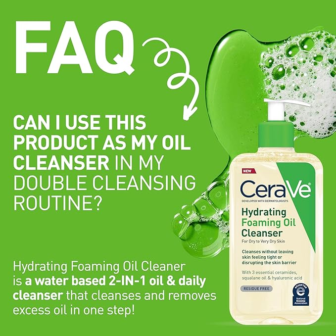 CeraVe Hydrating Foaming Oil Cleanser, Moisturizing Cleanser for Face & Body, Squalane Oil + Hyaluronic Acid + Ceramides, For Dry to Very Dry Skin, Fragrance Free & Residue Free, 8 FL Oz