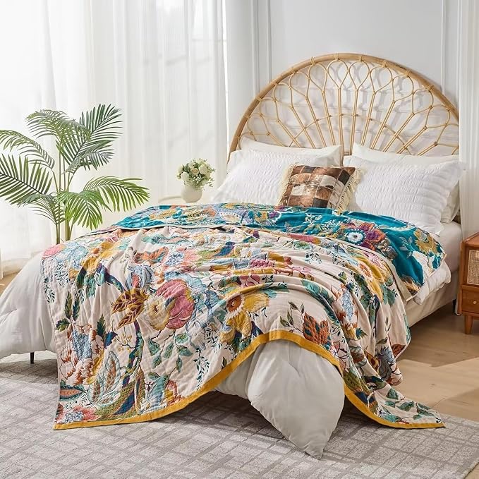 Boho Throw Blanket Farmhouse Decor Throw Blanket Bohemian Blanket for Bed 100% Cotton Muslin Woven Couch Blanket All Seasons Quilt Bedroom (C-Beige, 90"x98")