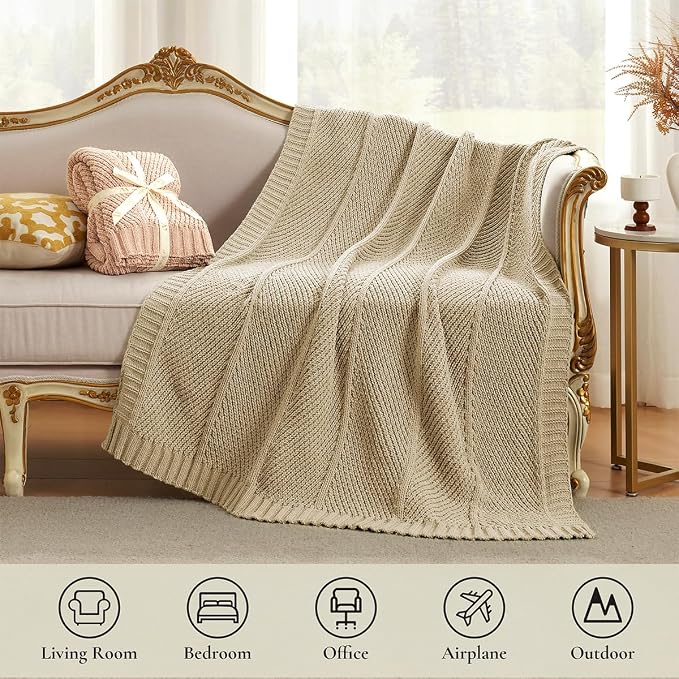 Knit Throw Blanket, Soft Chenille Cozy Breathable Chevron Chunky Decorative Blanket for Couch, Bed & Sofa, French-Inspired Lightweight Warm Gift for Women, Beige, 60"x80"