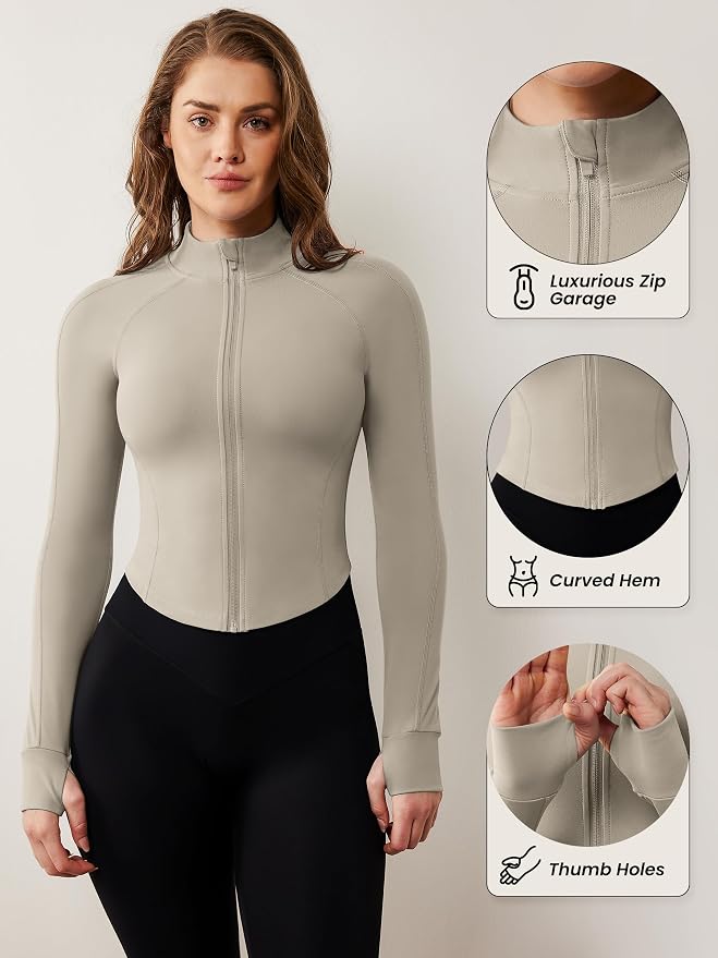 AVGO Women's Workout Jacket Lightweight Zip Up Cropped Yoga Jackets Slim Fit Athletic Tops with Thumb Holes