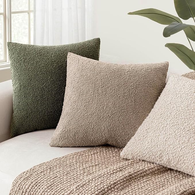 Foindtower Pack of 2 Textured Boucle Throw Pillow Covers Accent Solid Pillow Cases Cozy Soft Decorative Couch Cushion Case for Chair Sofa Bedroom Living Room Home Decor 18x18 Inch Light Khaki Tan