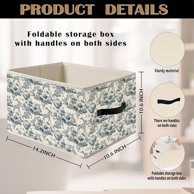 Blue and White Chinoiserie Wildlife Botanical Storage Bin Box with Handles, French Country Toile de Jouy Animal Foldable Organizer Basket Toybox for Home Bedroom Bathroom Clothes Toys Books