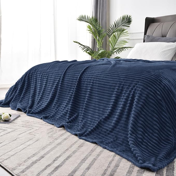 BEDELITE 3D Ribbed Jacquard Navy Blue Full Size Blankes for Bed, 84x90 Inch | Soft Warm Decorative Fluffy Blanket, Cozy Fuzzy Lightweight Plush Fleece Throw Blankets for Bed, Room Decor, Gift for Women