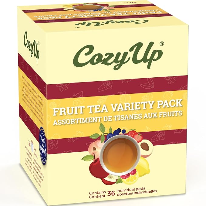 Cozy Up Iced Sweet Fruit Black Tea K-Cup Variety Pack, 36 Count, Guilt-Free Zero Calorie Sweetness - Compatible with Keurig - Lemon, Tropical, Berry, Passion Fruit, Apple & Peach - Single Serve Pods for Brew Over Ice