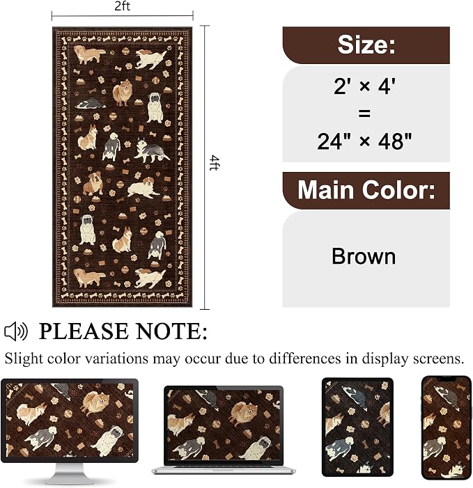 DUKINO 2x4 Rug Runner, Washable Dog Bathroom Rug Soft Non Slip, Brown | Low Pile, Non-Shedding, Stain Resistant, Indoor Animal Carpet Runner for Kitchen Entryway Hallway Laundry Farmhouse Bedroom