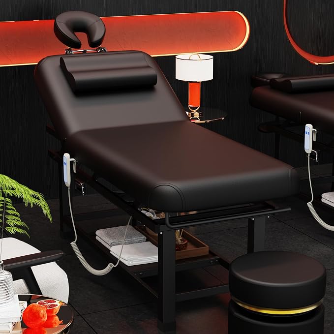 Olela Wide Electric Massage Table - Stationary Massage Table with Electric Lift and Manual Adjustable Backrest, Lash Bed with Storage, PU Leather, Metal Frame for Beauty, Massage, Tattoo