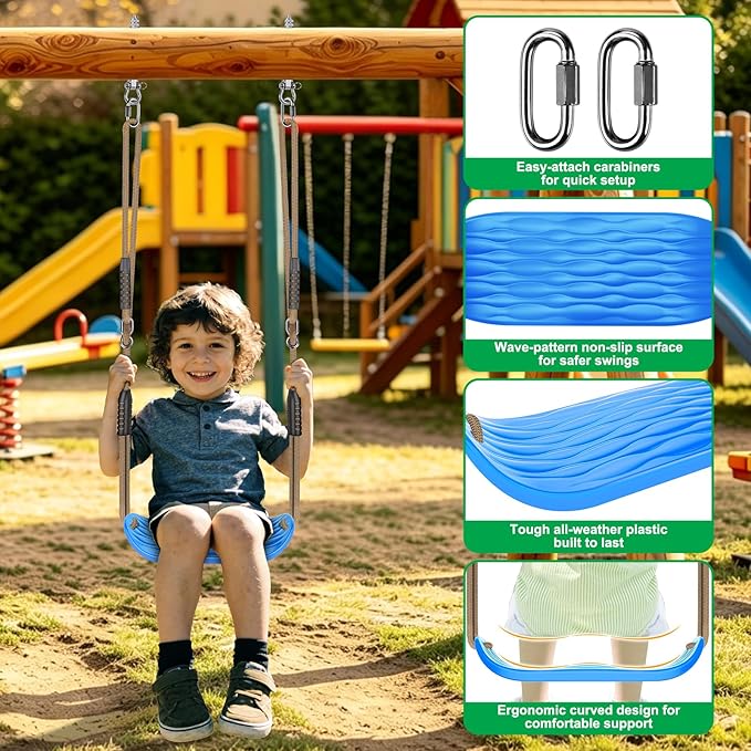 SELEWARE Plastic Swing Seat, Non-Slip Tree Swing for Kids & Adults, Heavy Duty Playground Swing Set Accessories with Adjustable Ropes, Comfortable U-Shape Swing for Indoor/Outdoor Backyard, Blue
