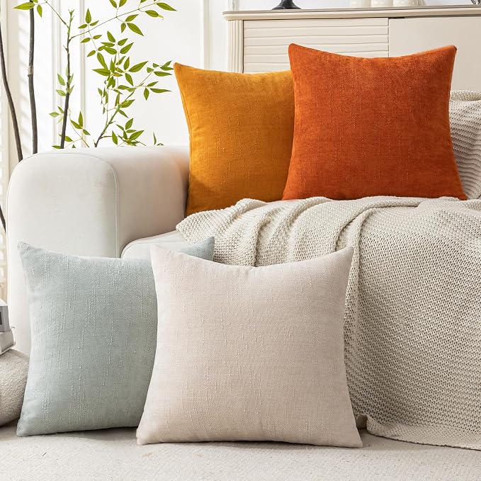 Set of 4 Soft Textured Decorative Throw Pillow Covers 20x20 Inch Cozy Farmhouse Cushion Cover Square Accent Pillow Cases for Bed Couch Sofa Living Room, Beige Aqua Burnt Orange