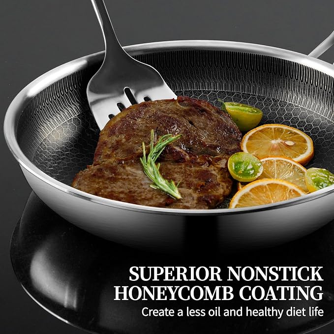 Stainless Steel Frying Pan with Lid - 9.5 Inch Nonstick Frying Pan with Lid, Honeycomb Stainless Steel Skillet Omelet Chef's Pan with Stay Cool Handle, Induction Compatible, PFOA Free | Honeycomb Hybrid Nonstick Skillet, Induction & Oven Safe, Stay-Coo...