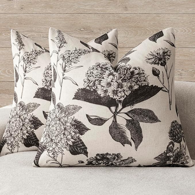 Foindtower Set of 2 Linen Floral Vintage Throw Pillow Covers Neutral Accent Print Decorative Cushion Covers Farmhouse Boho Home Decor for Sofa Chair Couch Bedroom Living Room,22×22 Inch,Black