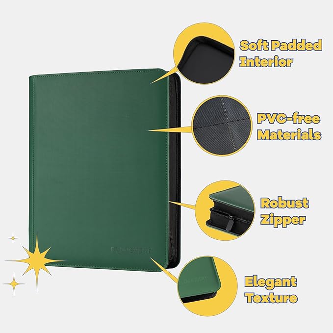 9-Pocket Toploader Binder, Clovecat Premium Card Book， Holds 252 Trading Card with 20 Removable Top-loader Sleeves，PU Card Holder Folders,Card Album for MTG, TCG, Yugioh, Game & Sports Cards(Green)