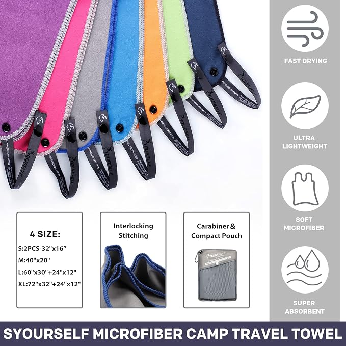 SYOURSELF 2 Pack Microfiber Camping Towel, Quick Dry Towel, Soft Absorbent Compact Travel Gym Workout Sweat Towel for Beach Yoga Swim Travel Camping Hiking Backpack Essentials (L:60"x30"+12"x24")