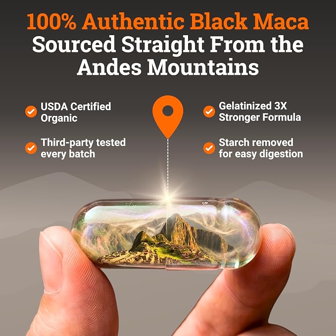Organic Gelatinized Black Maca -4x Bioavailability 200 Capsules for Men & Women, Energy Supplement for Focus, Performance, Stamina & Endurance, Mood Enhancement, Hormone Balance, Mental Clarity 1000mg
