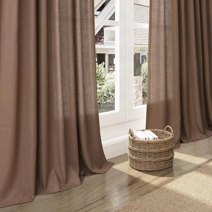 Nanspring Caramel Brown Curtains 100 Inches Long 2 Panels Set Back Tab Linen Extra Long Drapes for Living Room Modern Farmhouse Light Filtering Semi Sheer Linen Curtain for Big Window 52x100