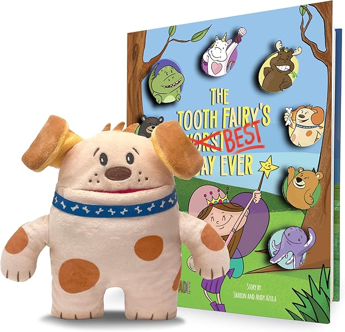 OBI Dog Tooth Fairy Pillow and Book Bundle | 8" Plush with Pocket for Lost Teeth & Hardcover Storybook w/Tracker, Q&A for Boys Girls Children of All Ages