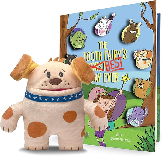 OBI Dog Tooth Fairy Pillow and Book Bundle | 8" Plush with Pocket for Lost Teeth & Hardcover Storybook w/Tracker, Q&A for Boys Girls Children of All Ages