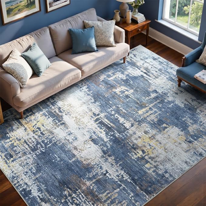 4x6 Ft Area Rugs for Living Room, Soft Non-Slip Washable Rugs Modern Abstract Pattern Carpet for Bedroom Indoor Floor Nursery Home Decor (Blue/Gold)