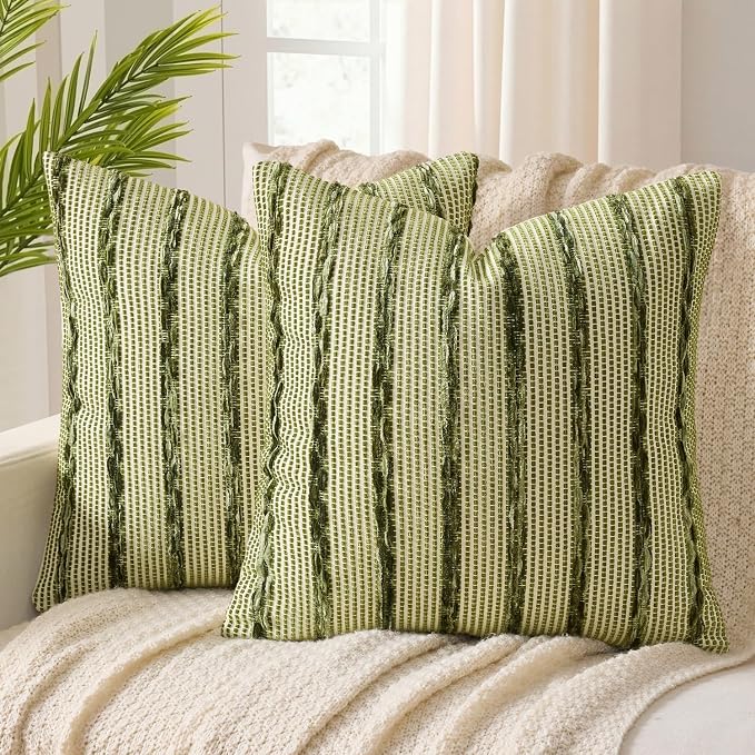 ANRODUO Boho Decorative Pillow Covers Olive Stripe 18x18 Inch Set of 2 | Woven Chenille Decorative Cushion Case with Striped Farmhouse Accent Neutral Pillowcase for Couch Sofa Bed Living, Room Decor