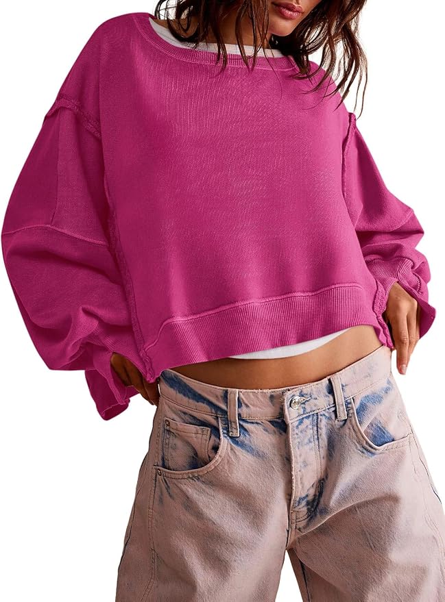 Zwurew Womens Casual Sweatshirt Cropped Shirts | Loose Fit, Tee Top, Pullover, Crop Hem, Design Trim, Daily Tops