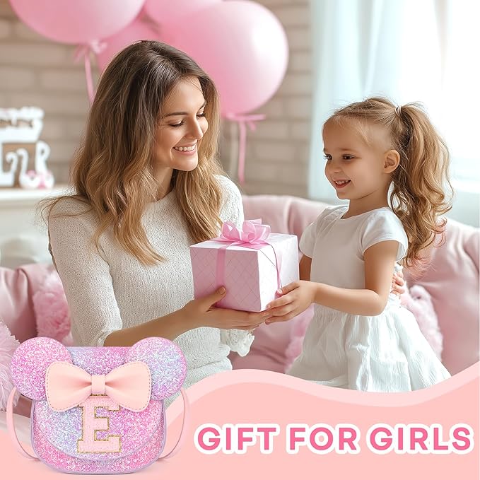 mibasies Toddler Purse Girl Gifts: Girls Birthday Gifts for 3-8 - Toys for Ages 2-4 Girls Mouse Ears Purse, Purple Rainbow, Letter E