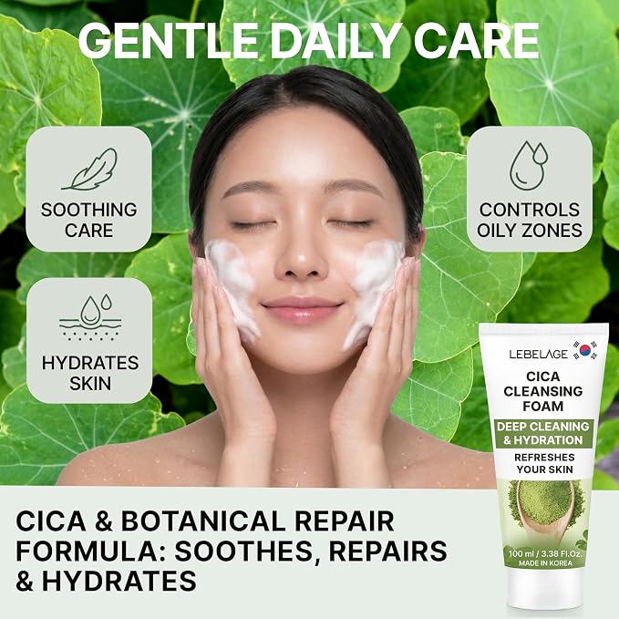 LEBELAGE Korean Cica Facial Cleanser 3.38 oz | Cleansing Foam Face Wash | Low pH Gentle Hydrating Daily Facial Cleanser Sensitive Skin | Deep Cleansing Foaming Cleanser, Pore Care-All Skin Types