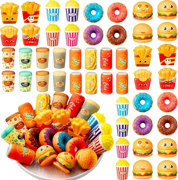 Leyndo 50 Pcs Mini Fast Food Toys Slow Rising Cute Food Bulk Soft Sensory Fidget Party Favors Hamburger Donut Stress Relief Toys for Girls Boys Birthday Party Decoration Gift Class Prize (Novel)