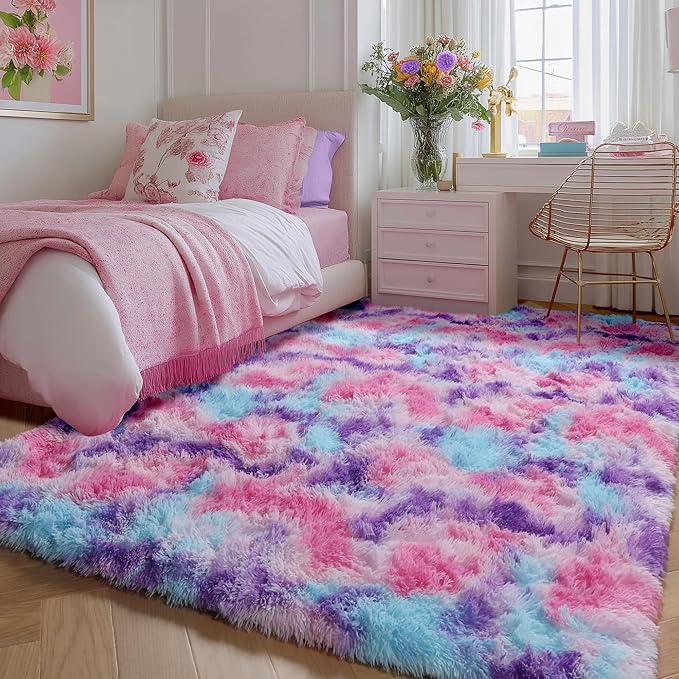 PAGISOFE Ultra Soft Rainbow Purple Area Rugs for Girls Bedoom 6x9 Ft, Fluffy Cute Colorful Pastel Girls Rug, Plush Kawaii Rugs for Kids Room, Playroom Hot Pink Purple Bedroom Decor Princess Carpet