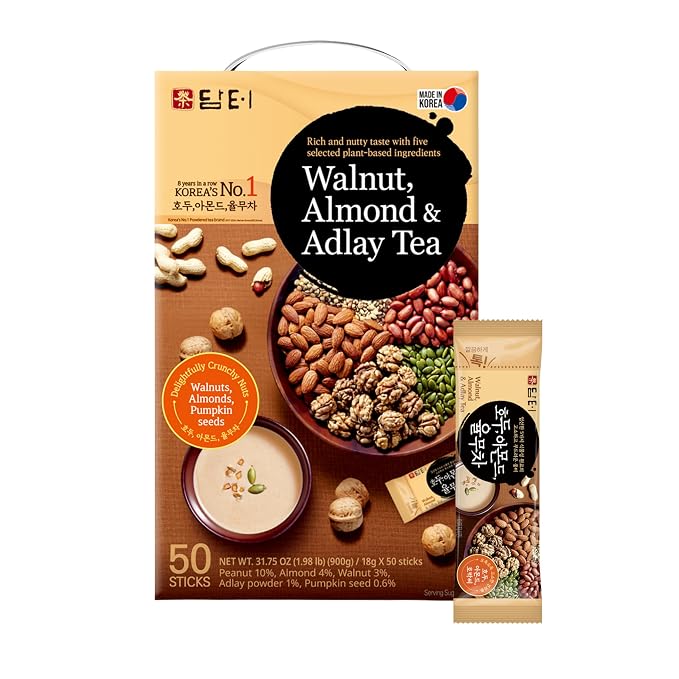 Damtuh Walnut Almond Adlay Tea Drink Mix – Korean Yulmu Cha (Job’s Tears) Roasted Grain & Nut Latte-Style Powder with Crunchy Nut Bits, Caffeine-Free, 18g x 50 Sticks
