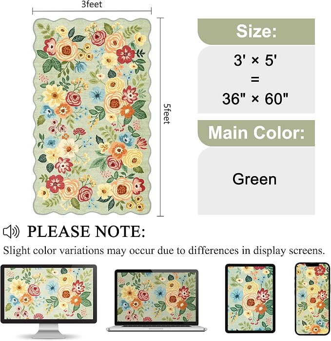 DUKINO 3x5 Area Rugs, Non Slip Floral Washable Rug for Bedroom, Green | Soft, Low Pile, Non-Shedding Throw Rugs for Living Room, Entryway, Kitchen, Kids Room, Pet Friendly, Home Decor, Lightweight