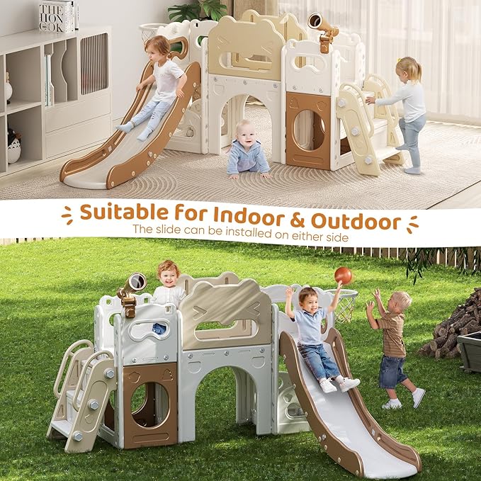 Toddler Slide Indoor, 8 in 1 Indoor Playground for Kids 1-3 Toddler Playset with Climber, Basketball Hoop, Tunnel and Storage Space Kids Outdoor Slide Playset (Coffee)