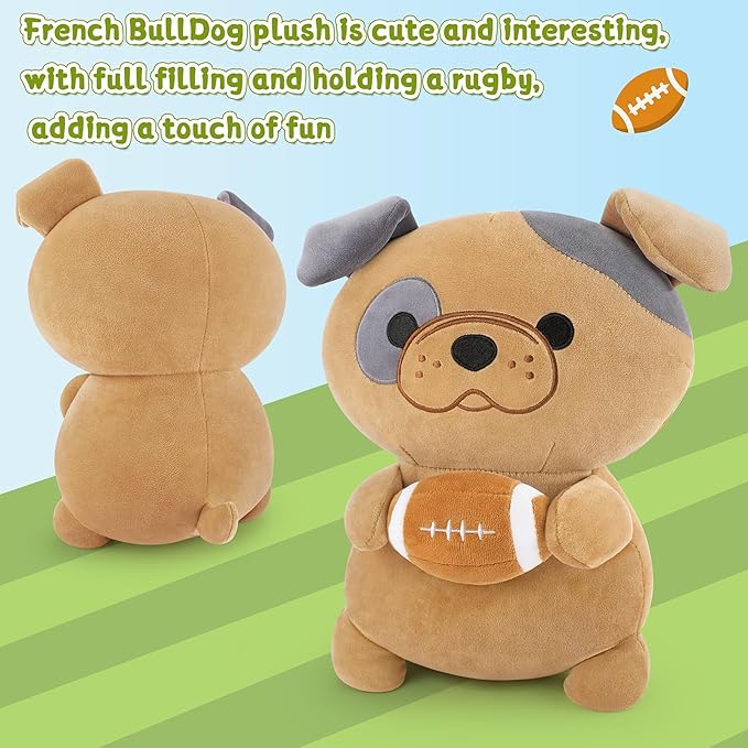Achwishap French Bulldog Stuffed Animal,French Bulldog Plush with Rugby,14” Puppy Plush Toys,Cute Plushies Kawaii Plushie Soft Huggging Pillow,Cuddly Animal Body Pillow for Kids Adults(Brown)