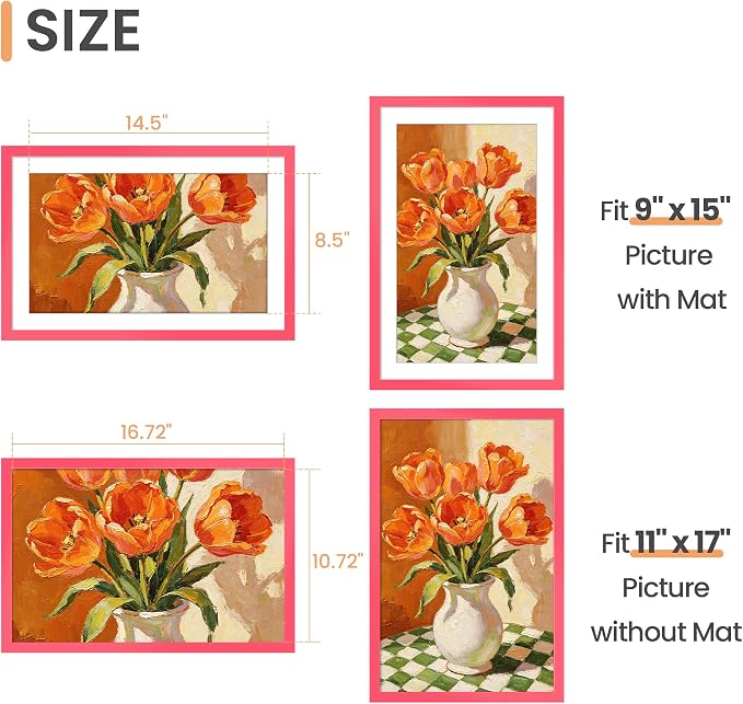 upsimples 11x17 Picture Frame, Display Pictures 9x15 with Mat or 11 x 17 Without, Wall Hanging Poster Frames, Hot Pink, 1 Pack