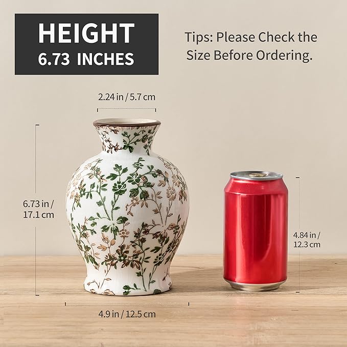6.73" Ceramic Flower Decorative Antique Vase, Vintage Rustic Chinoiserie Floral Vase for Home Decor, Living Room, Bookshelf, Office, Entryway, Garden, Tuscan Decor, Chinoiserie Decor