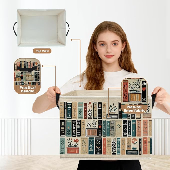 Vintage Floral Book Storage Box Bins, Reading Lover Bookish Bookworm Gifts Collapsible Storage Basket Organizer for Reading Nook Corner Room Library Home Clothes Books
