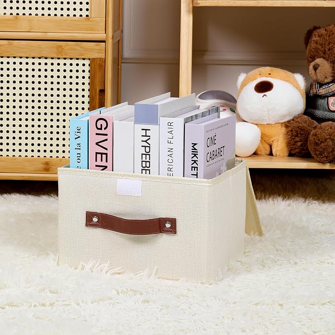 ANMINY Fabric Storage Box Bins with Lids, Beige, 10"x8"x7" | Keepsake Memory Storage, Cotton Linen, PP Board Reinforced, Washable, PU Handles, Foldable & Stackable, Decorative, Small