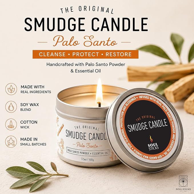 SOUL STICKS Smudge Candle for Cleansing House, Meditation, Chakra Healing, Aromatherapy | 3.5 Ounce Smudge Candle for Spiritual Cleansing (Palo Santo)
