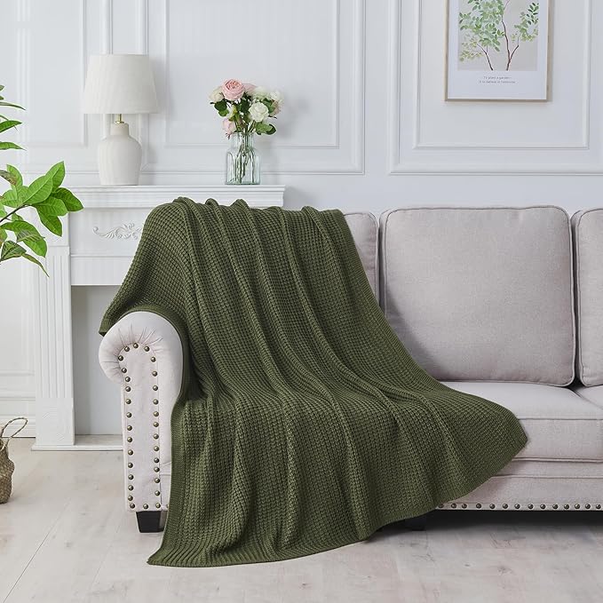 Douceur Olive Green Throw Blanket for Couch, Soft Chunky Cable Knit Throw Blanket, Classic Fisherman's Rib Stitch Pattern Throw for Living Room Gift, 50"X60"