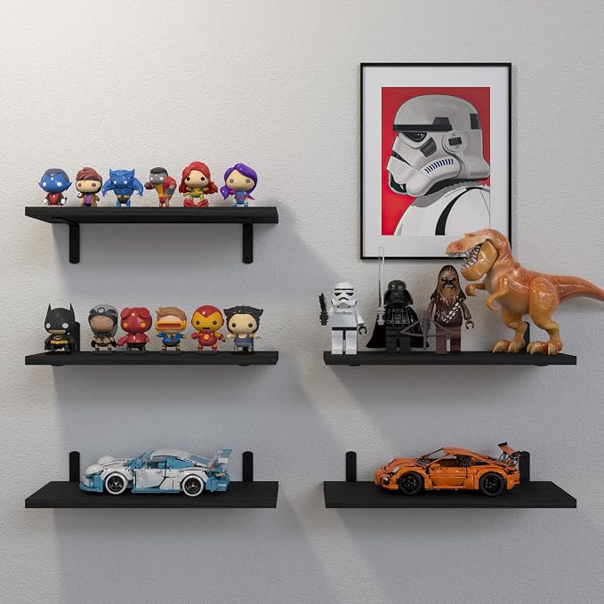 DOLLFIO Floating Shelves, 5 Sets Wall Shelves, Wood Floating Shelves for Bedroom Wall Décor, Wall Mounted Floating Bathroom Shelf for Storage, Floating Book Shelf, Living Room – Black