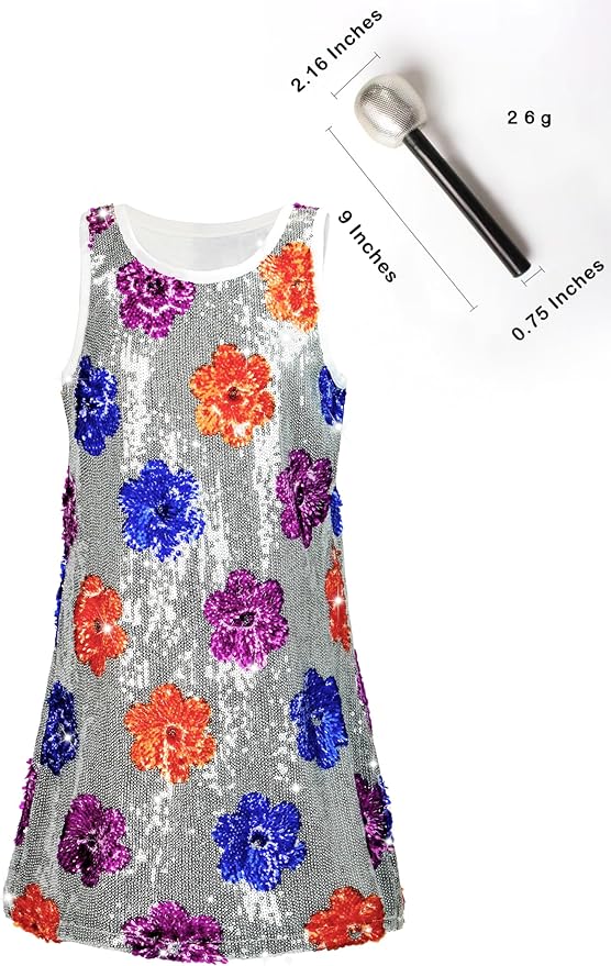 Girls Sequin Dress Sparkly Sleeveless Costume Prom Concert Party Outfit with Glitter Microphone Prop