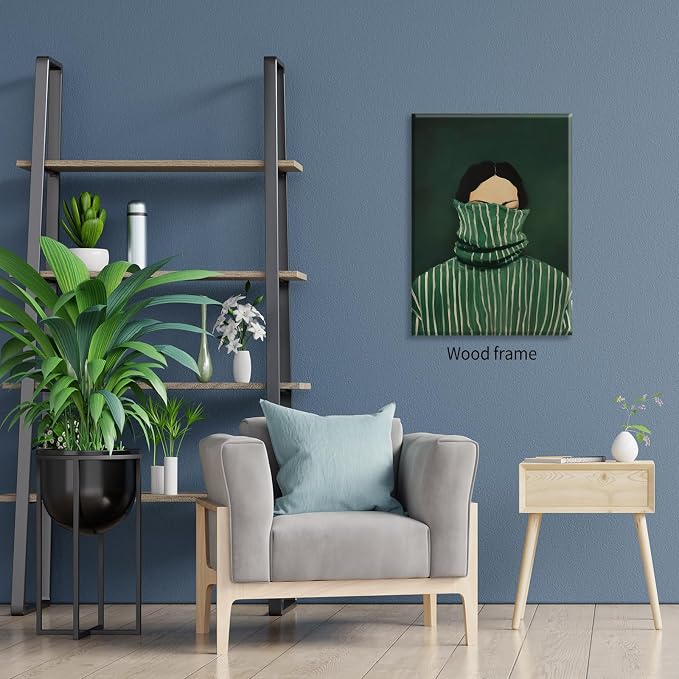 Emerald Green Feminine People Wall Art Retro Abstract Stripe Poster Funky Minimalist Eclectic Canvas Prints 12X16 inch Framed for Bedroom Apartment Dorm Wall Decor