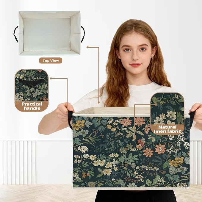 Dark Green Floral Botanical Storage Box Bins, Rustic Cottagecore Nature Flower Collapsible Storage Basket Organizer for Bedroom Bathroom Home Clothes Books, Decor for Room