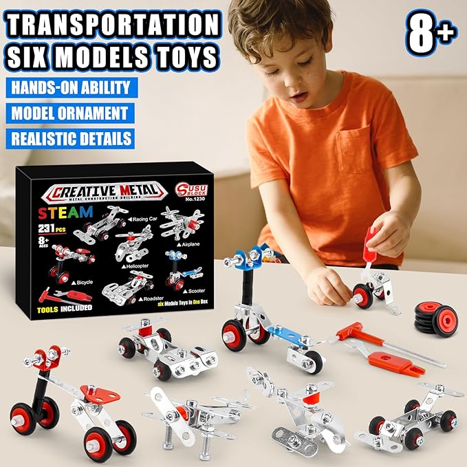 Erector Set Metal Transportation Toys,231 Pcs Cars, Airplane&Bicycle 6 Metal Model Set,Building Kits for Boys 8-12,Stem Project Building Assembly Vehicles,Christmas Toddler Kids Boys Gifts