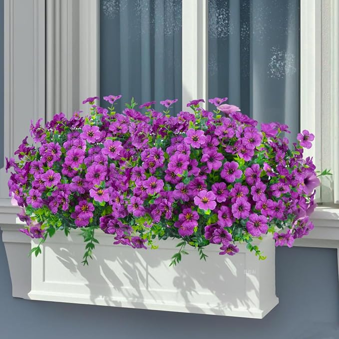 Ouddy Decor 24 Pcs Artificial Flowers for Outdoors Decorations, Purple | Lifelike silk flowers, UV resistant, faux plastic plants, for garden porch window table vase home indoor outdoor decor