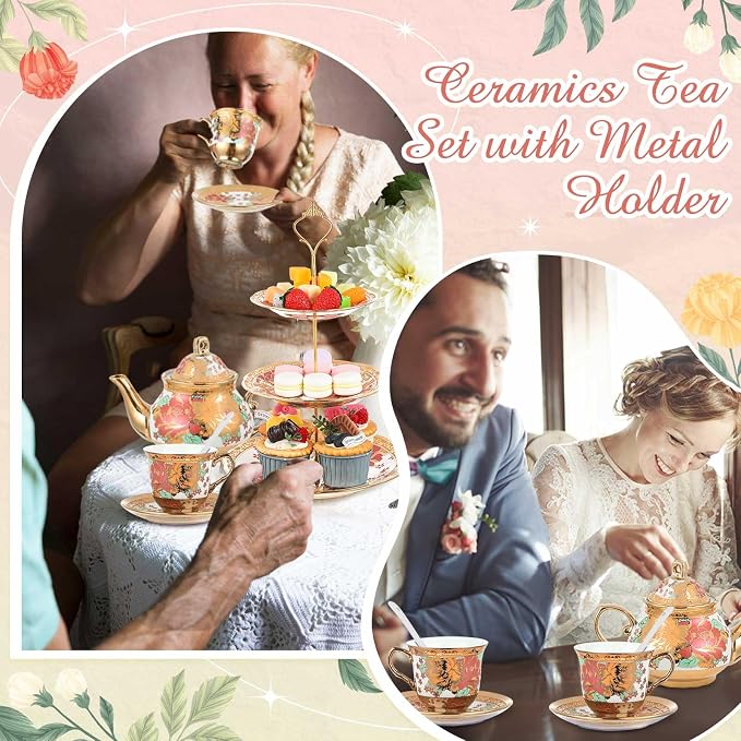 Maxcheck 21 Pcs Porcelain Tea Set for Women Tea Party with Metal Holder and 3 Tier Cake Stand Ceramic European Floral Teapot Set for Adults Mother's Day Christmas Thoughtful Gift(Vintage Style)