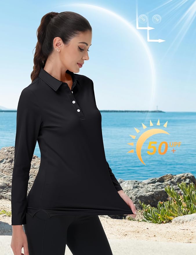 MAGCOMSEN Long Sleeve Polo Shirts for Women Golf Tops with Collar Work | UPF 50+ Sun Protection, 4 Buttons, Moisture Wicking, Breathable, 4-Way Stretch, Collared, Quick Dry, Active, Casual, Tennis