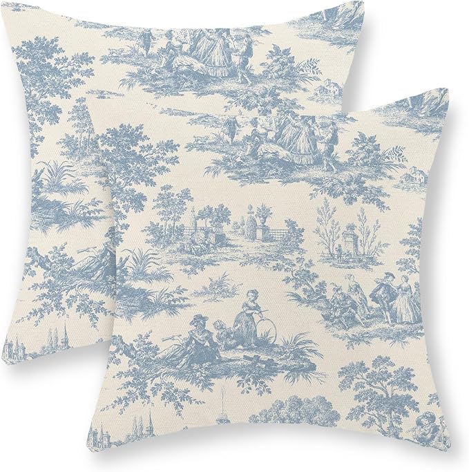 French Country Pillow Covers 18x18 Set of 2 Vintage Baby Blue Toile Throw Pillows Outdoor French Country Decorative Pillowcase Rustic Cottage Farmhouse Cushion Case for Couch Living Room Decor