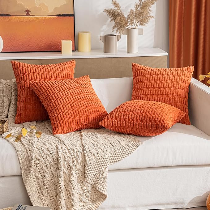 MIULEE Fall Corduroy Decorative Throw Pillow Covers 20x20 Orange Pack of 2 | Soft Boho Striped Pillow Covers Modern Farmhouse Autumn Home Decor For Sofa Living Room Couch Bed