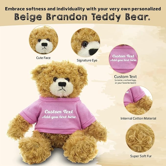 Customized Beige Brandon Bear - 12 inch Personalized Stuffed Bear Plush Toy - Perfect Custom Shirt Bear Gift for Graduation Valentines Graduation Easter Holidays (Pink Shirt)