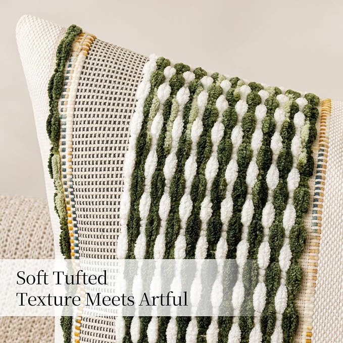 ANRODUO Boho Decorative Pillow Covers Olive Green Stripe 24x24 Pack of 2 | Euro Throw Pillow Covers, Farmhouse Cushion Case, Chenille Pillow Cases, Pillow Covers, Neutral Pillowcase for Sofa Couch Bed
