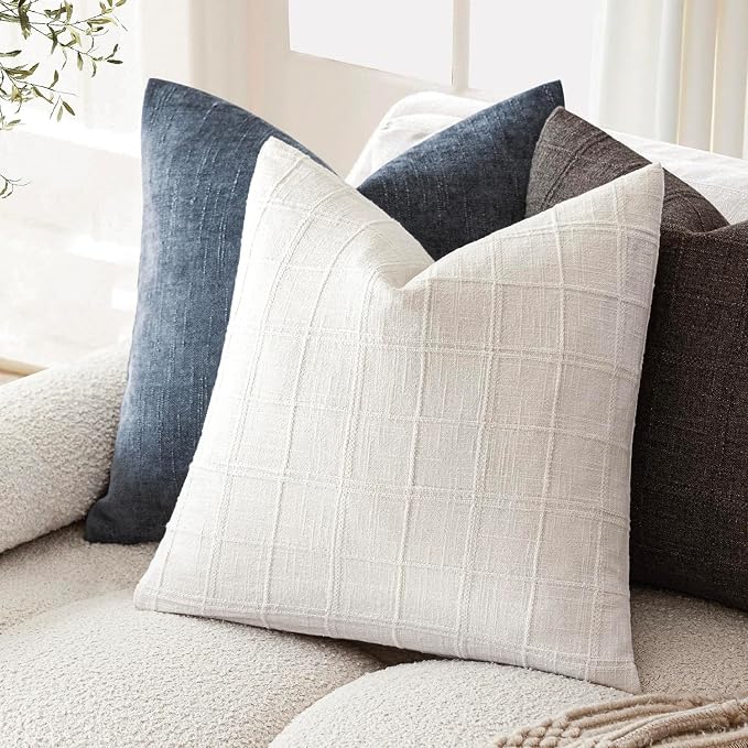 Foindtower Set of 2 Decorative Linen Check Throw Pillow Covers Neutral Farmhouse Vintage Cushion Covers Modern Boho Home Decor for Sofa Chair Couch Bedroom Living Room,18×18 Inch,Cream White